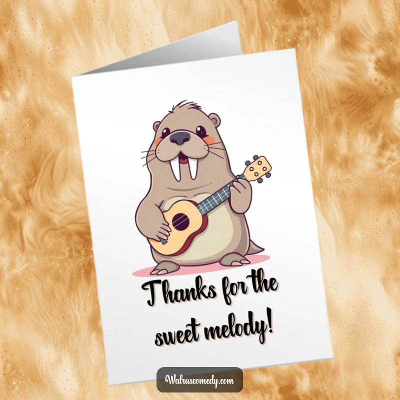 Funny Free Printable Thank You Card: Walrus playing ukulele, sending musical notes of appreciation. Say thanks with a grin.