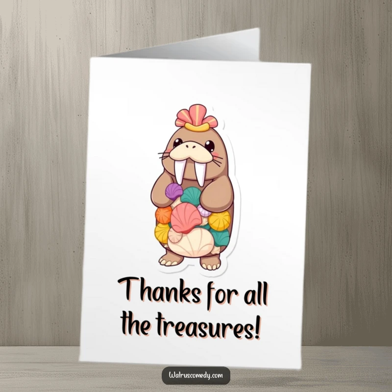 Funny Free Printable Thank You Card: Walrus balancing a stack of seashells, offering a unique token of gratitude. So thoughtful!