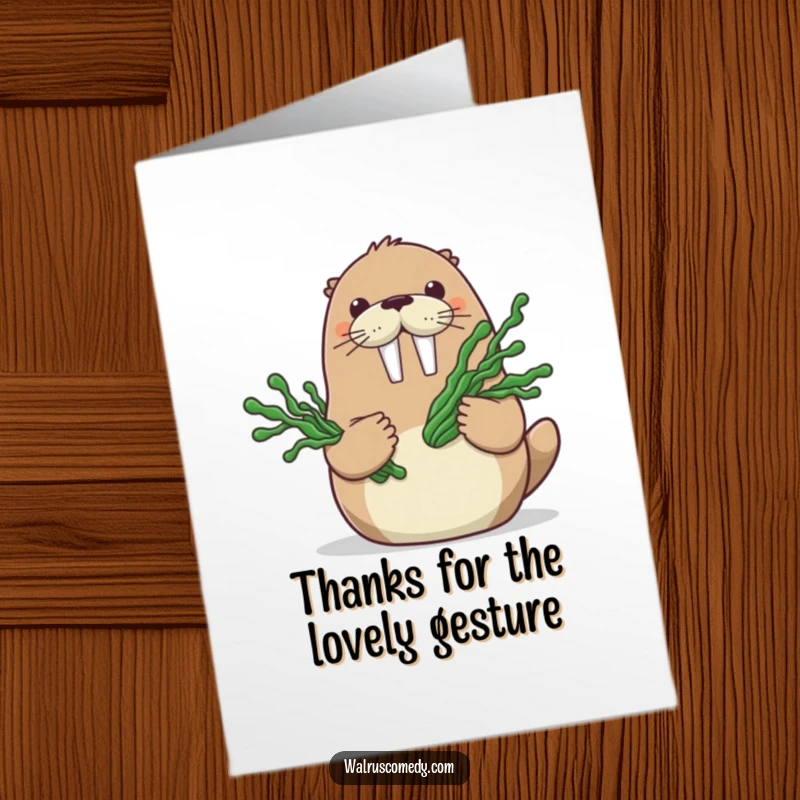 Funny Free Printable Thank You Card: Happy walrus offering a beautiful bouquet of seaweed, a marine-themed thank you.