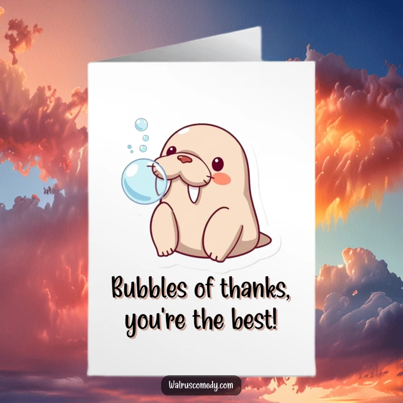 Funny Free Printable Thank You Card: A kawaii walrus looks utterly shocked by the bubble it just blew with its flippers.