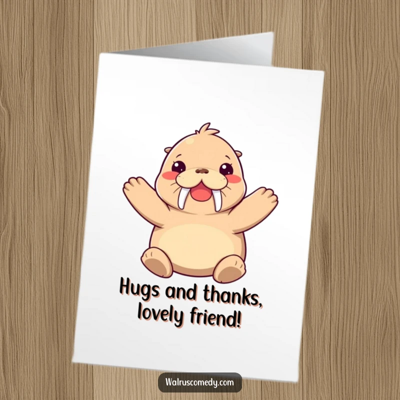 Funny Free Printable Thank You Card: Joyful walrus reaching out with flippers for a big hug.