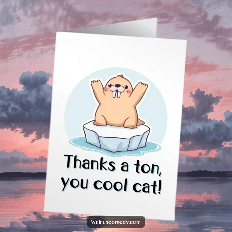 Funny Free Printable Thank You Card with a kawaii walrus chilling on an iceberg, offering warm fuzzy feelings and gratitude.