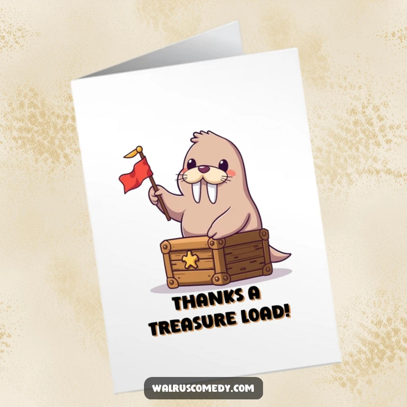 Funny Free Printable Thank You Card: A happy walrus sits on a treasure chest waving a flag, offering a downloadable expression of gratitude.