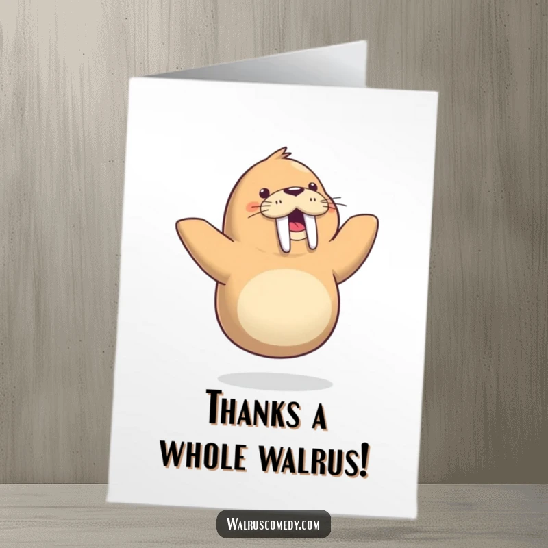 Funny free printable thank you card: A happy walrus performs a delightful dance on one flipper to say thanks. Hilarious downloadable art.