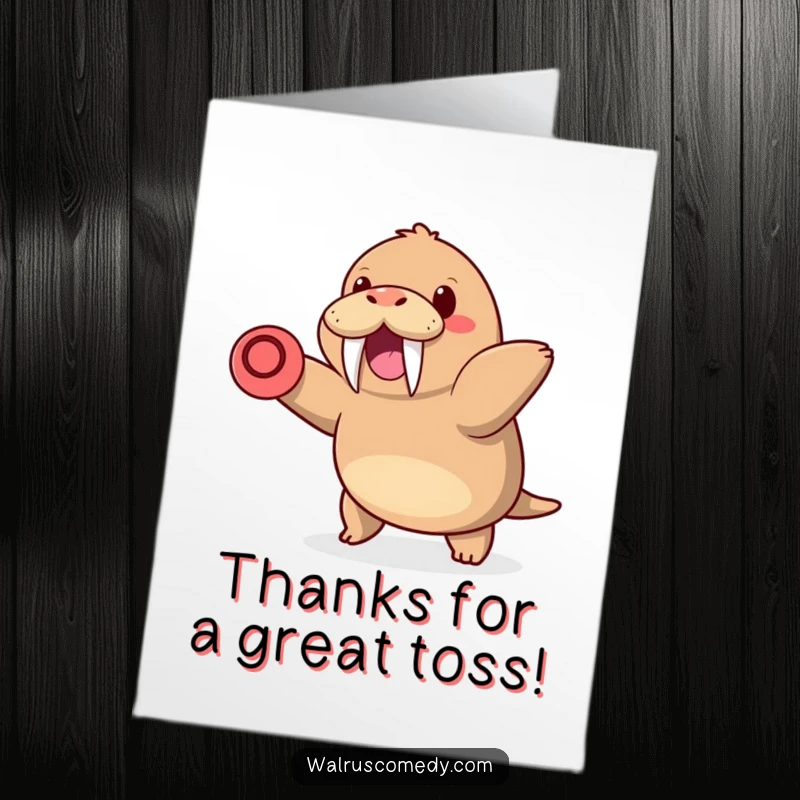 Fun Free Printable Thank You Card: Kawaii walrus with tusks happily throws a frisbee, sending thanks with a grin.