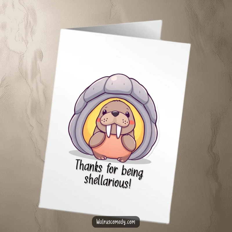 Funny Free Printable Thank You Card: Walrus peeking at a glowing shell, conveying thanks with a touch of curiosity.