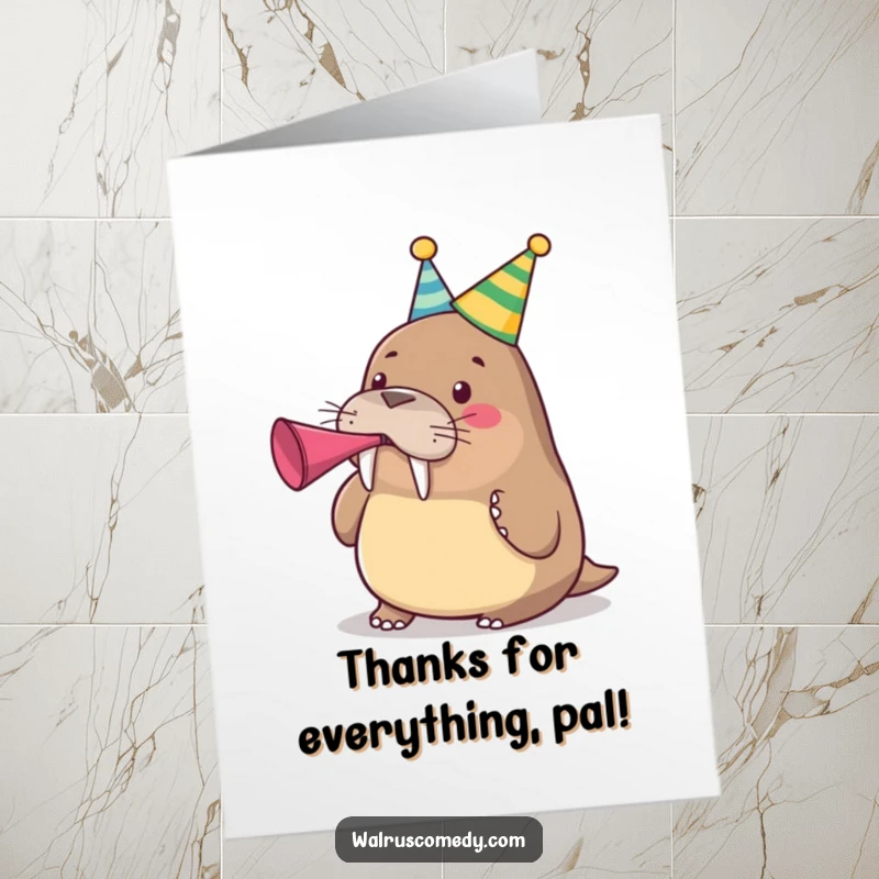 Funny Free Printable Thank You Card: A cute walrus wearing a party hat, blowing a party horn to say thank you.