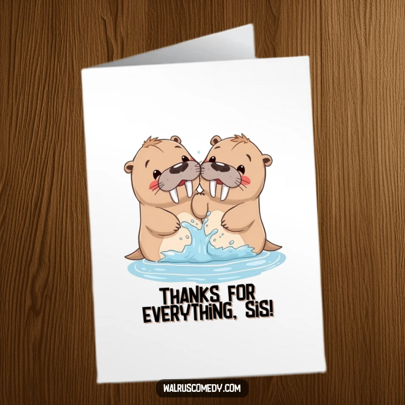 Funny Free Printable Thank You Card: Walrus siblings splashing water playfully.