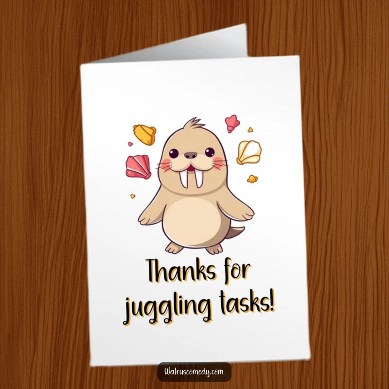 Funny Free Printable Thank You Card: A happy walrus juggling colorful seashells to express sincere thanks.