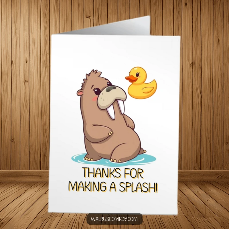 Funny Free Printable Thank You Card: Walrus comically surprised by a floating rubber duck. A humorous, downloadable card for expressing thanks.