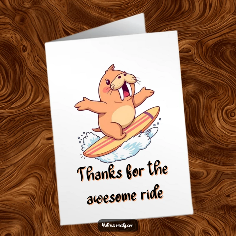 Funny Free Printable Thank You Card of an exhilarated walrus riding a giant surfboard amidst a spectacular splash, beaming with excitement.