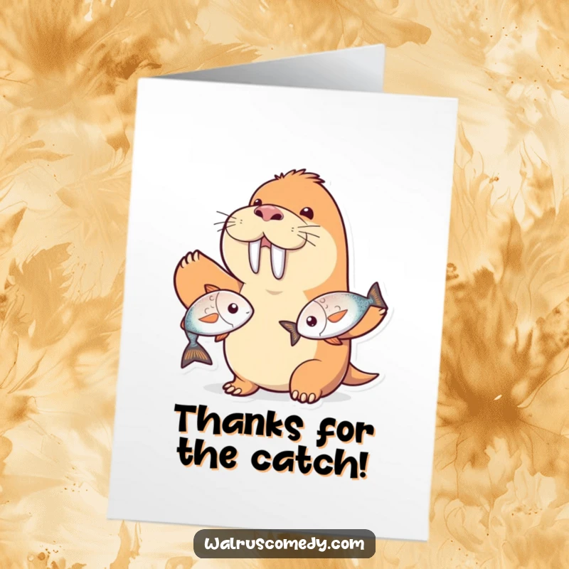 Funny Free Printable Thank You Card: Grinning walrus juggling two shiny fish, a unique way to say thanks.