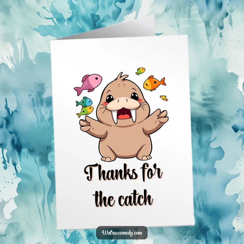 Funny Free Printable Thank You Card: A happy walrus juggles multiple colorful fish with a wide, toothy grin, expressing thanks.