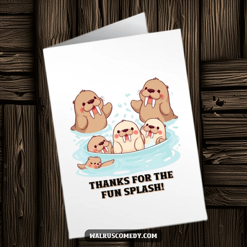 Funny Free Printable Thank You Card: Playful walrus characters splashing water, a fun way to say thanks.