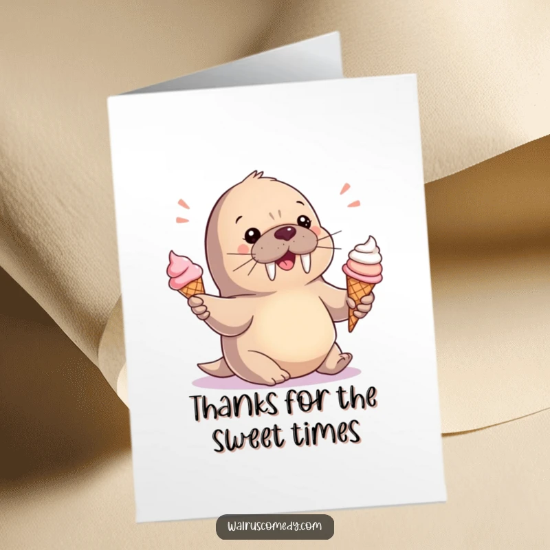 Funny Free Printable Thank You Card: A baby walrus juggles ice cream cones, with a sign expressing thanks.