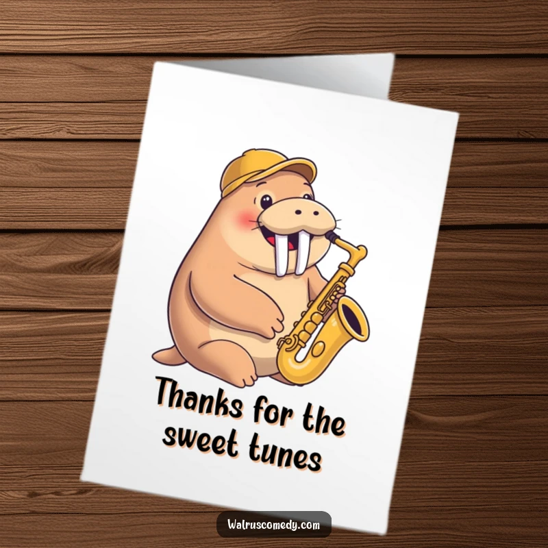 Funny Free Printable Thank You Card of a smiling walrus in a jaunty cap, enthusiastically playing a saxophone with a happy, musical vibe.