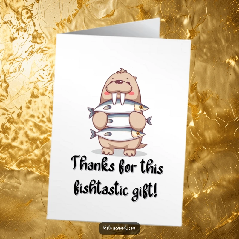 Funny Free Printable Thank You Card with a cheerful walrus balancing a tower of fish, conveying appreciation.