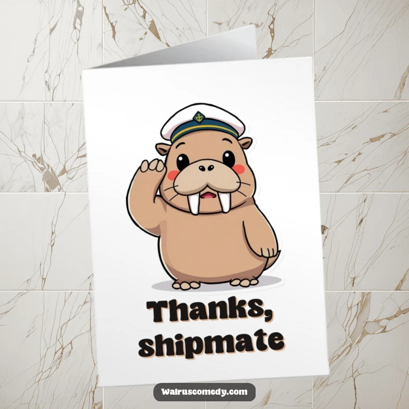 Funny Free Printable Thank You Card: A playful walrus in a small sailor hat gives a cheerful salute, expressing heartfelt thanks.