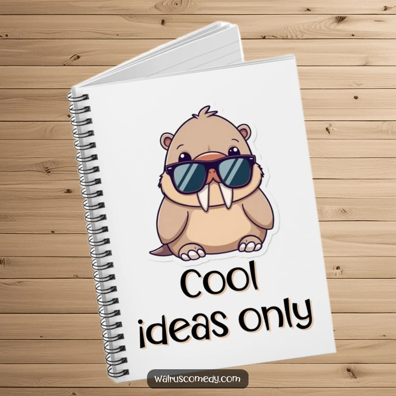 Funny notebook with a kawaii walrus wearing sunglasses, looking cool and relaxed, ideal for jotting down stylish ideas.