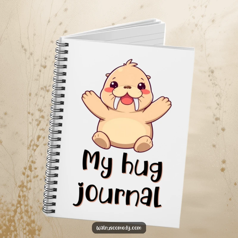 Funny walrus notebook featuring a joyful walrus character offering a big hug, perfect for journaling happy thoughts.