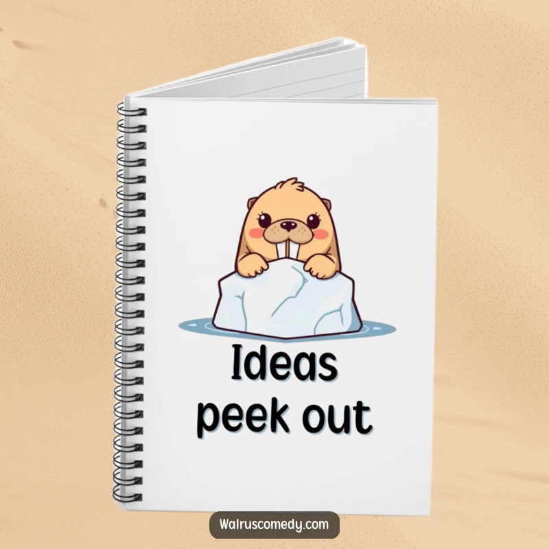 Funny kawaii walrus character peeking with curiosity from behind an iceberg, featured on the cover of a notebook.