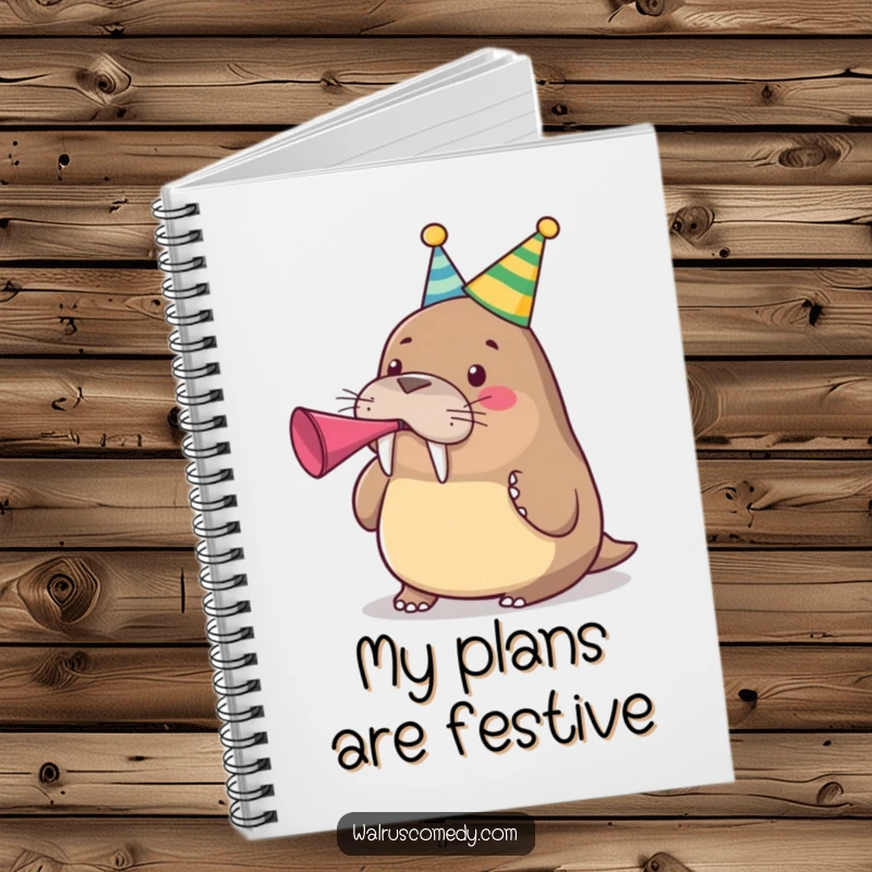 Funny cute walrus wearing a party hat and blowing a party horn on a lined notebook, a cheerful funny gift.