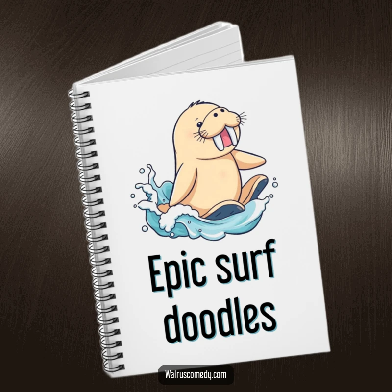 Funny Notebook: A happy walrus character rides an ocean wave, flippers splashing, ready to capture your notes.