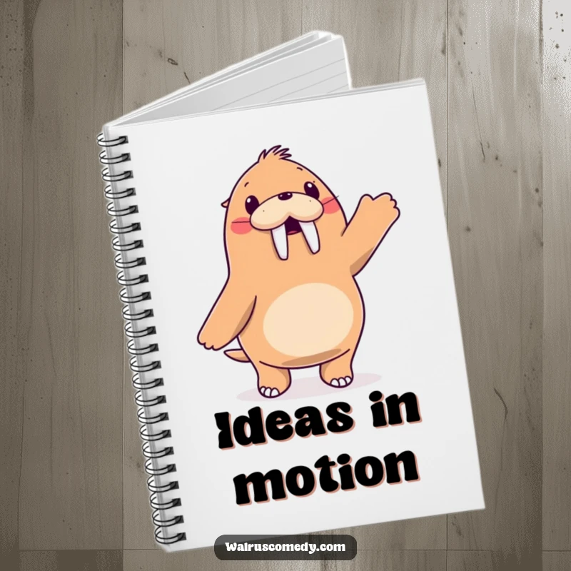 Funny walrus character joyfully dancing with its flippers in the air, lined notebook, great for planning.