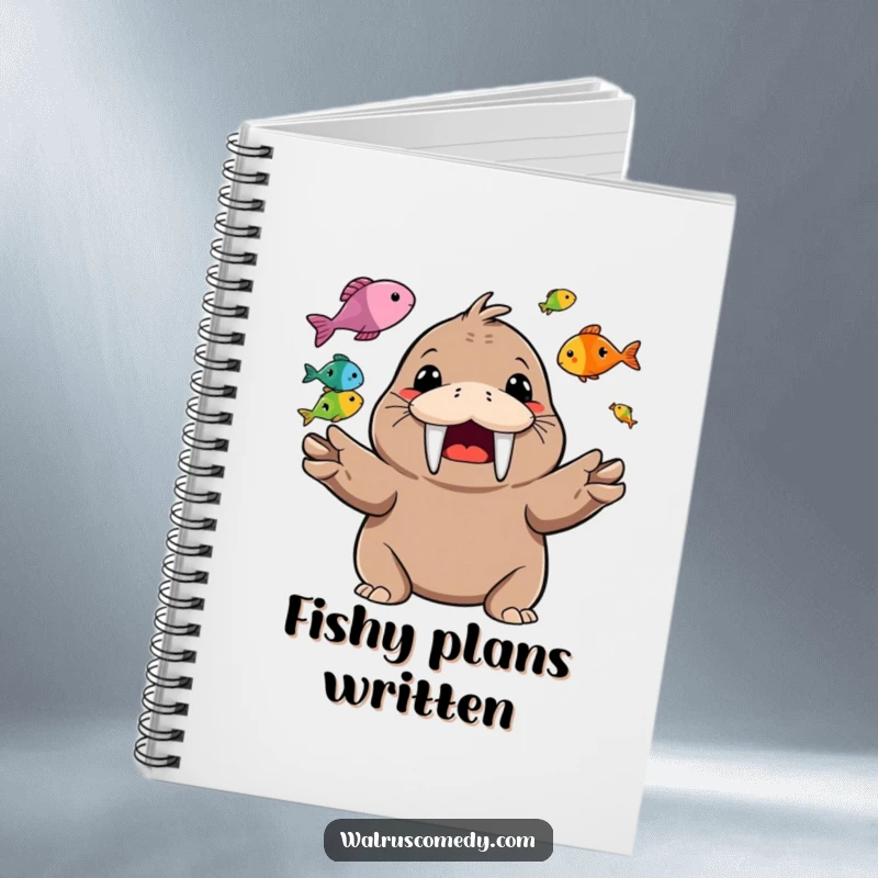 Funny Notebook with a happy walrus character juggling colorful fish, inspiring creativity.