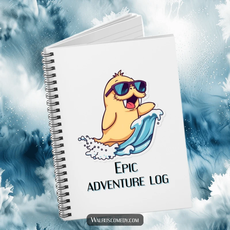 Funny walrus character notebook wearing sunglasses, riding a wave with excitement, ideal for notes and as a funny gift.