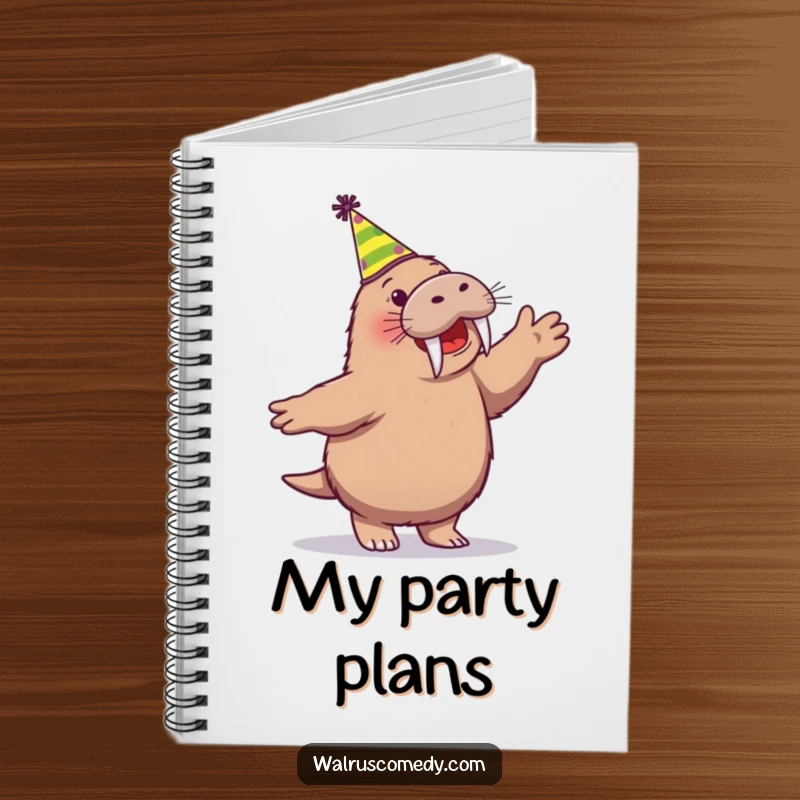 Funny notebook with a joyful walrus character dancing in a party hat, perfect for planning events or jotting down fun ideas.