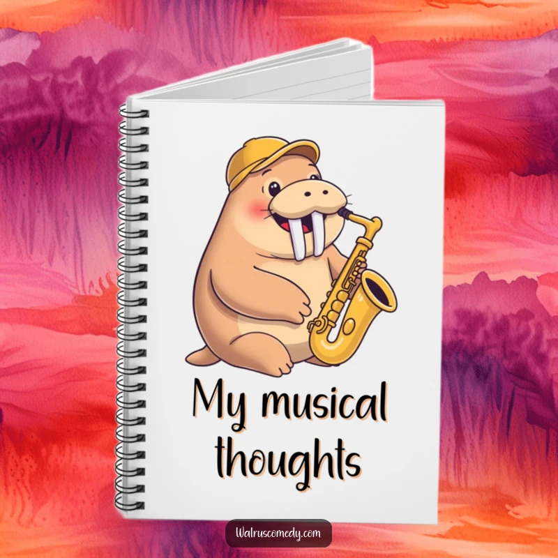 Funny notebook featuring a smiling walrus playing a saxophone with a jaunty cap, ideal for capturing musical ideas and notes.