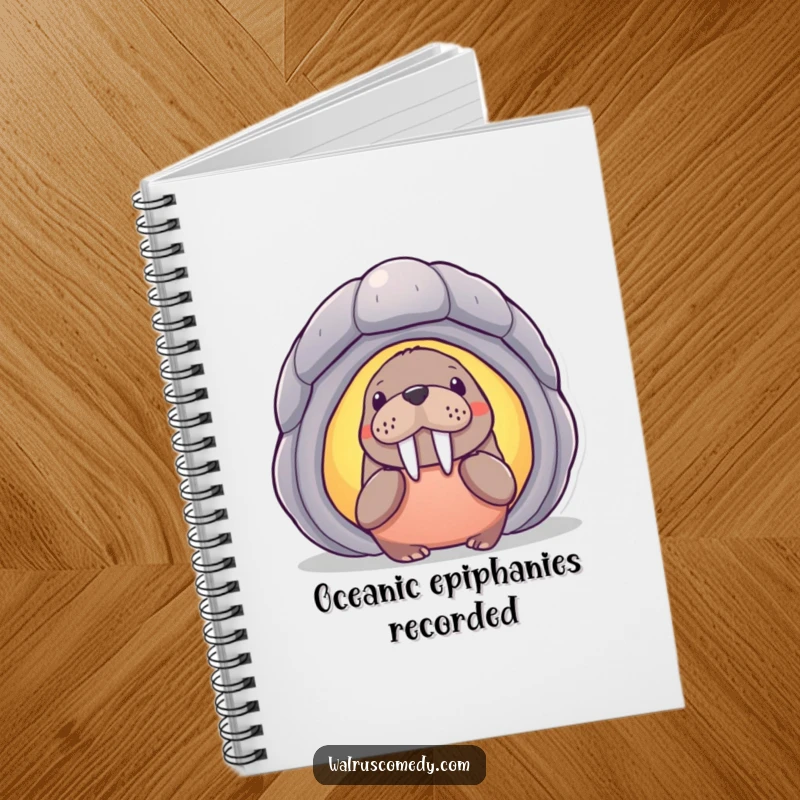 Funny curious walrus character looking into a magical glowing shell on the cover of a notebook, ideal for journaling and creative writing