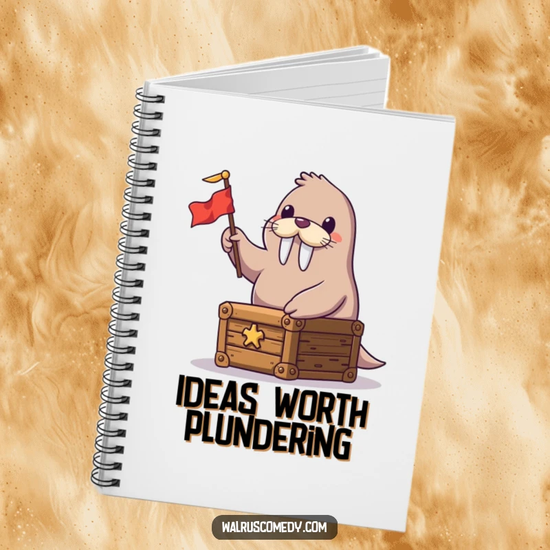 Funny notebook with a cheerful walrus sitting on a treasure chest, waving a small flag, perfect for notes and sketches.