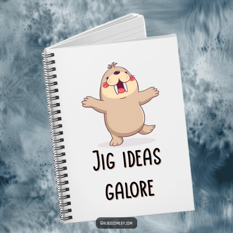 Funny notebook, dancing walrus, flippers in the air, joyful journal, perfect for notes and doodles, animal theme.