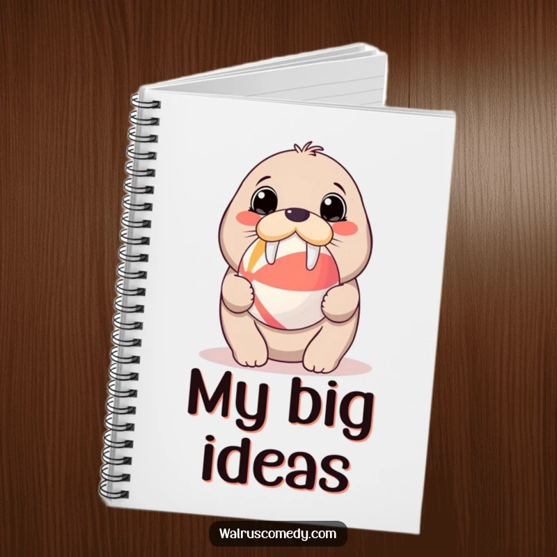 Funny notebook with a kawaii walrus balancing a beach ball on its nose, perfect for jotting down notes and cute thoughts.