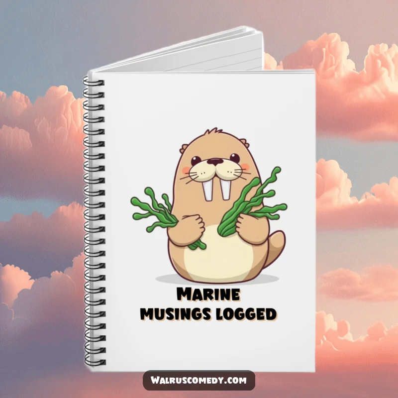 Funny notebook with a happy walrus character holding a bouquet of seaweed, perfect for journaling thoughts inspired by the ocean.