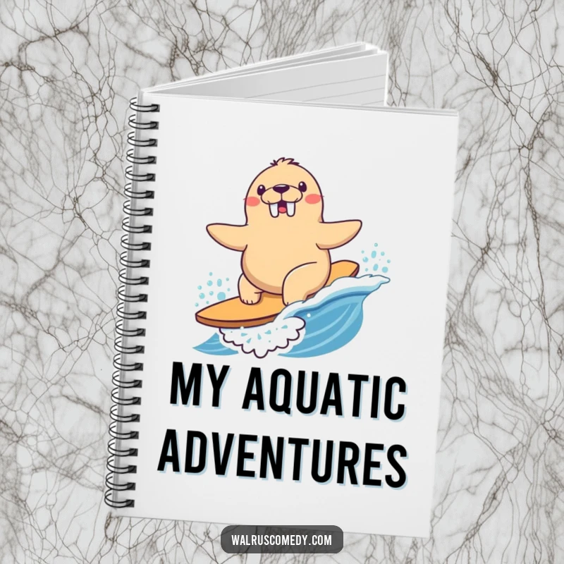 Funny Notebook featuring a Kawaii walrus happily surfing a playful wave with determined joy, ready for notes.