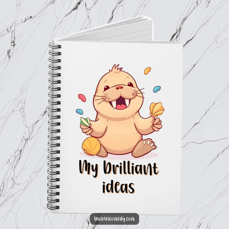 Funny Kawaii Walrus Juggling Seashells Notebook, a joyful walrus juggling shells, perfect for jotting notes.