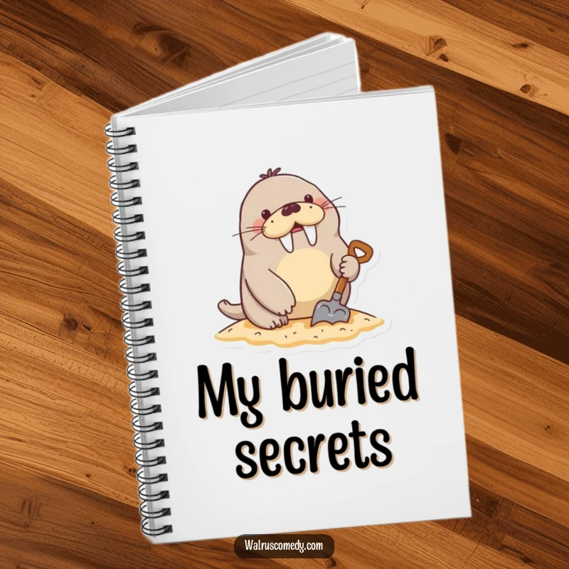 Funny Notebook: A happy walrus character digs in the sand with a tiny shovel, ready for your notes.