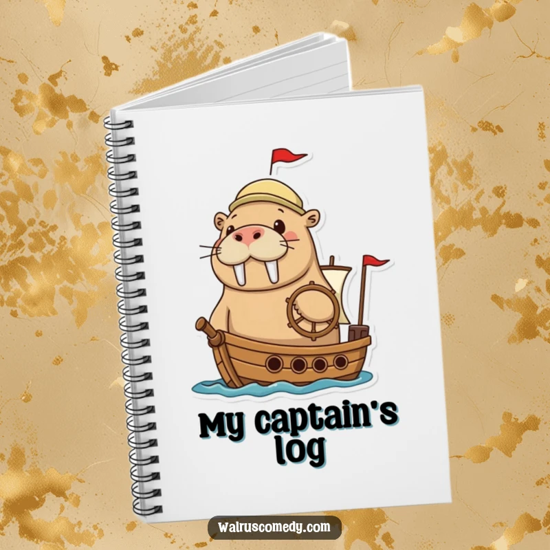 Funny walrus notebook featuring an adventurous walrus steering a tiny ship, perfect for jotting down adventures and plans.