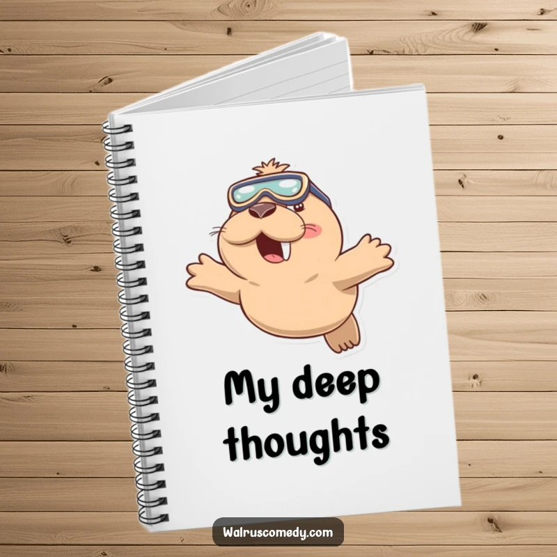 Funny notebook featuring a playful walrus wearing swimming goggles and diving with a smile, ideal for jotting down aquatic ideas.