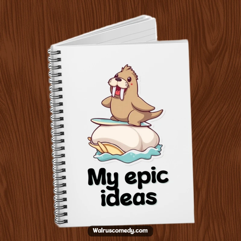 Funny notebook cover featuring a walrus riding a giant clam, great for notes and ideas.