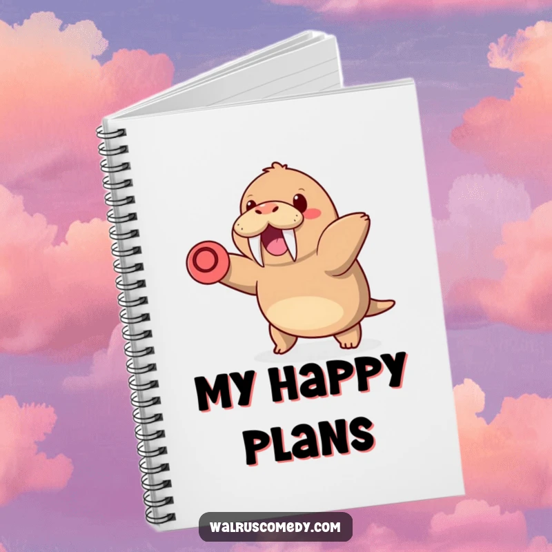 Funny notebook with a kawaii walrus with tusks happily throwing a frisbee, perfect for jotting down notes and fun ideas.