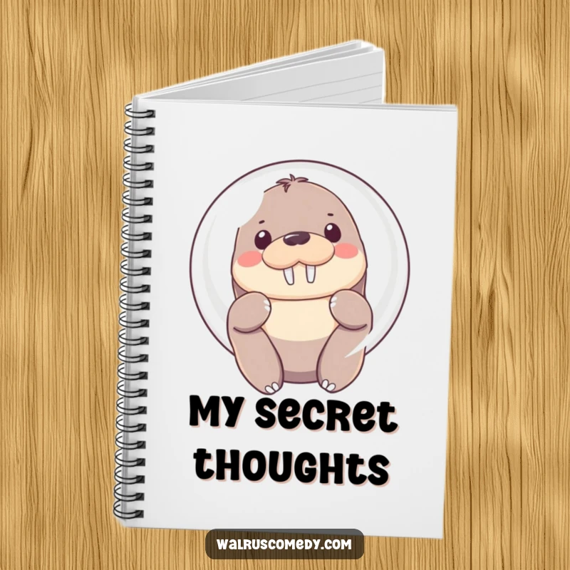 Funny Notebook featuring a Kawaii walrus shyly peeking from behind a bubble, its soft eyes ready to record thoughts.