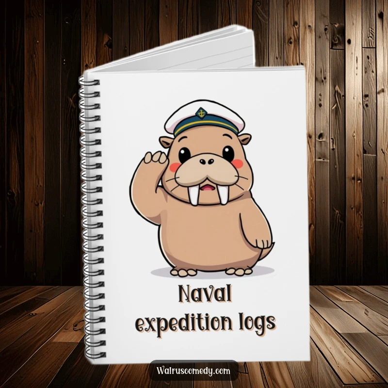 Funny Notebook with a playful walrus character wearing a tiny sailor hat, saluting cheerfully.