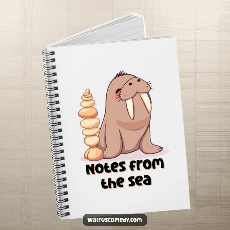 Funny notebook with a giggling walrus character balancing seashells on its tusks, inspiring creative thoughts and ocean-themed notes.