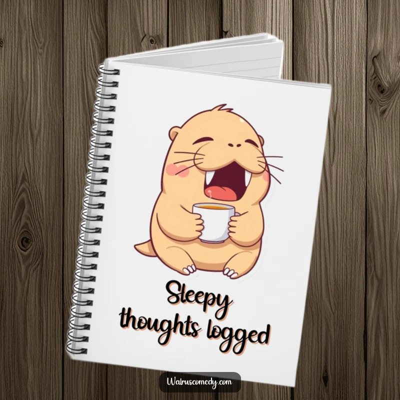 Funny walrus notebook featuring a tired walrus yawning with a teacup, perfect for jotting down sleepy ideas.