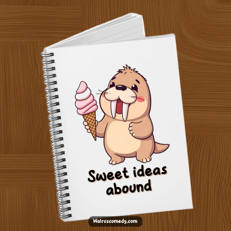 Funny walrus offering ice cream on a notebook cover, inspiring sweet creativity and humor, great for jotting notes, a great funny gift.