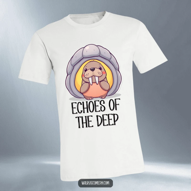 Funny walrus character with an inquisitive expression peering into a luminous, colossal shell, showcasing a humorous ocean theme on this t-shirt